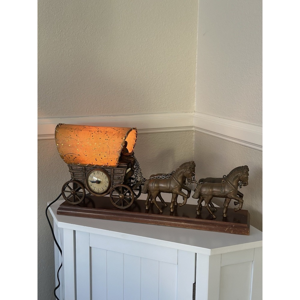 Vintage Covered Wagon Mantel Clock with Horses and Night Light, see description.